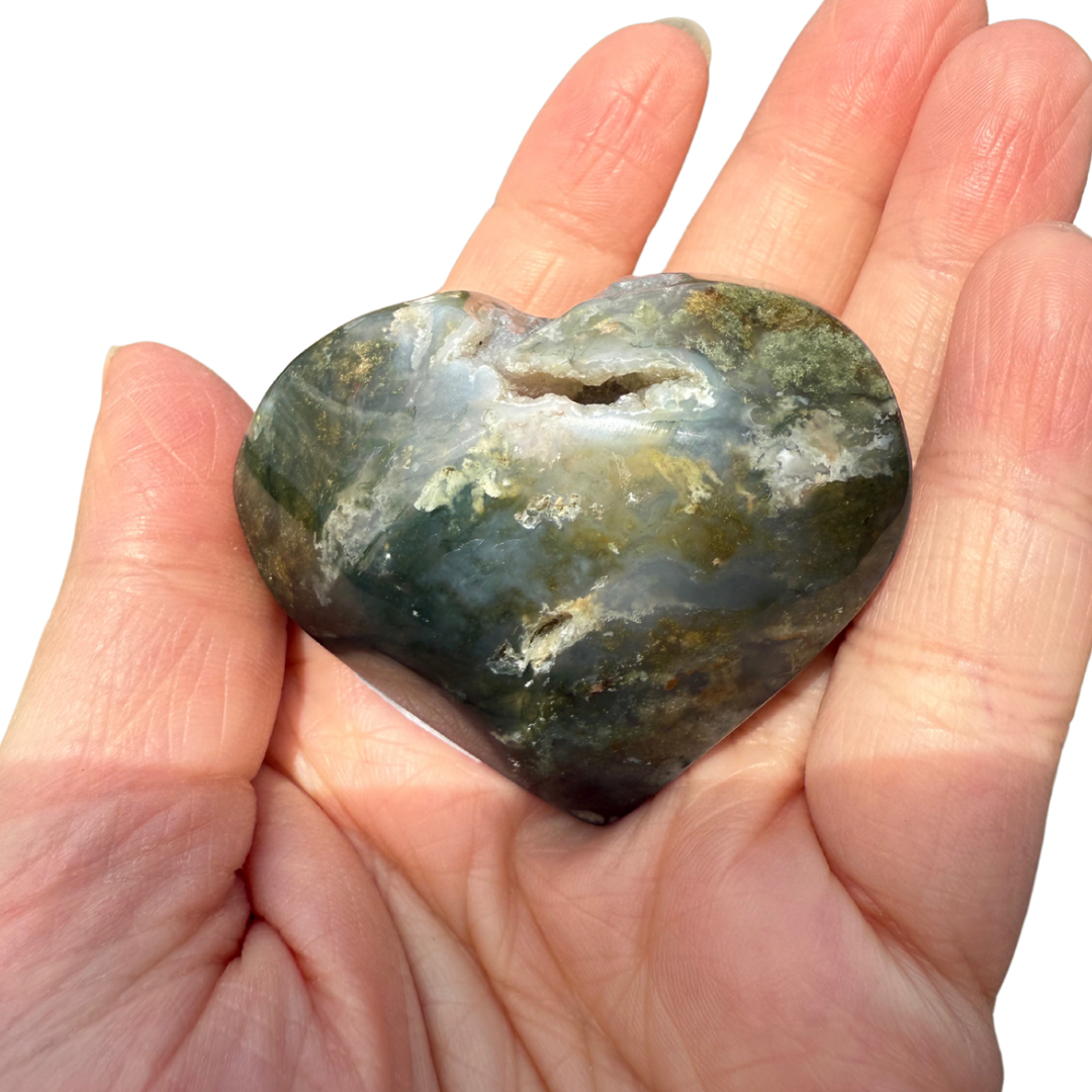 Moss Agate Heart with Druzy Pocket