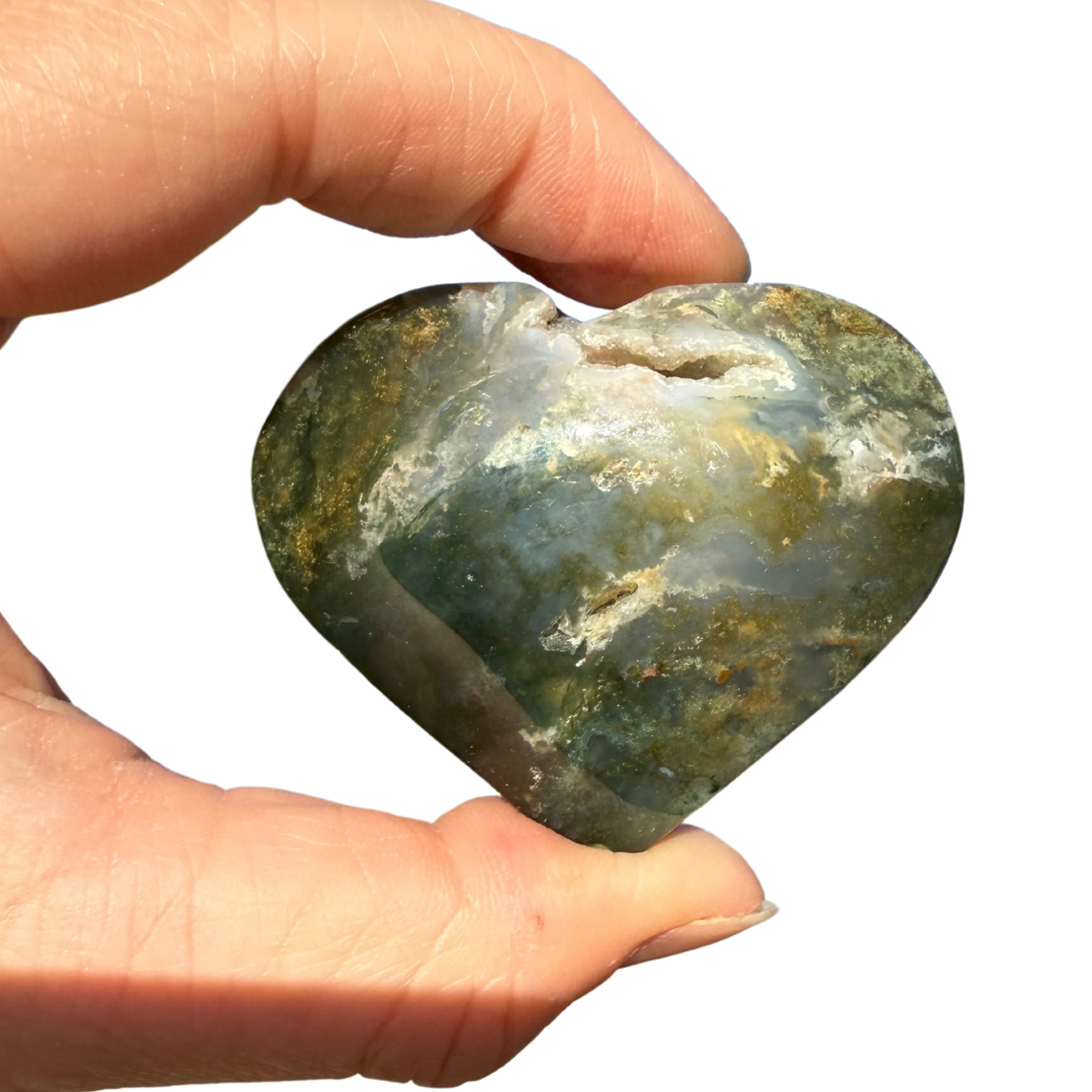 Moss Agate Heart with Druzy Pocket